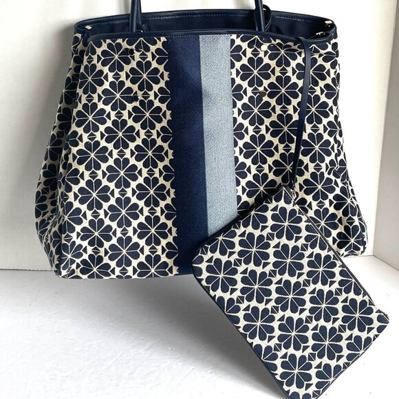 Kate Spade Everything Tote Large Flower Jacquard Stripe Blue Wristlet Adjustable - Picture 6 of 16